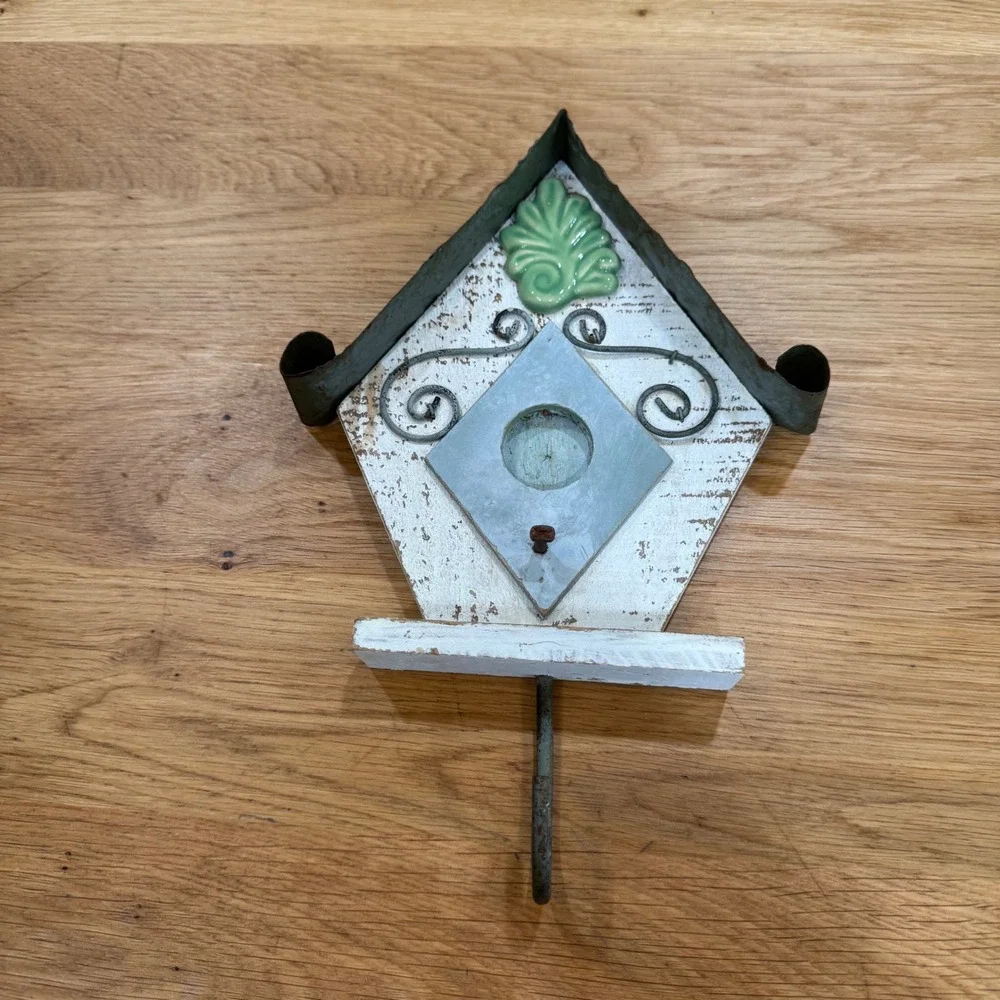 Rustic Birdhouse Wall Hook Distressed Wood Metal Farmhouse Decor White Green
